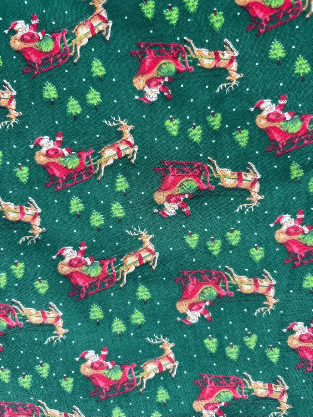Vtg Green Santa and reindeer Christmas Tree Skirt reversible